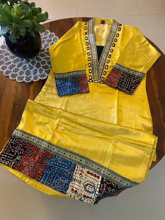 Ajrakh mashru silk hand mirror work Kurti
