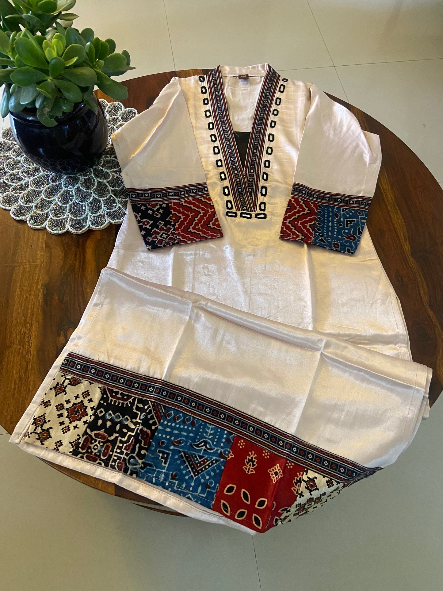 Ajrakh Mashru silk hand mirror work Kurti