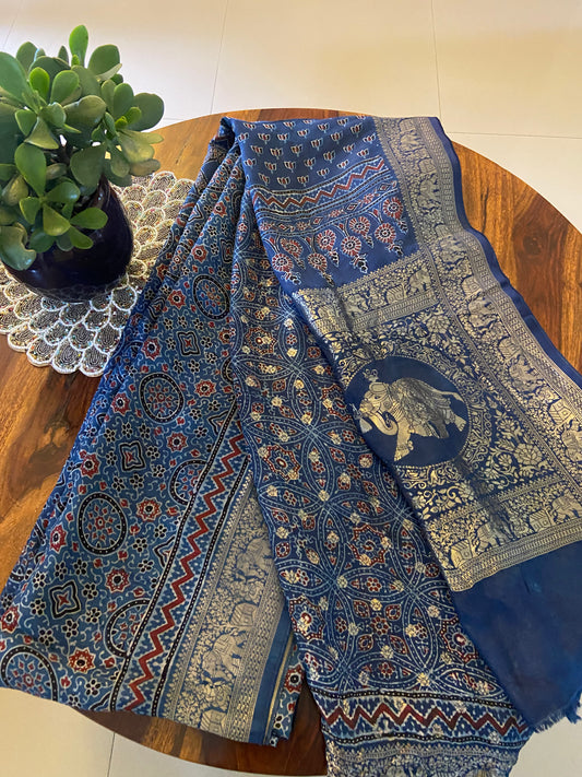 Ajrakh Hand block printed Dola silk saree