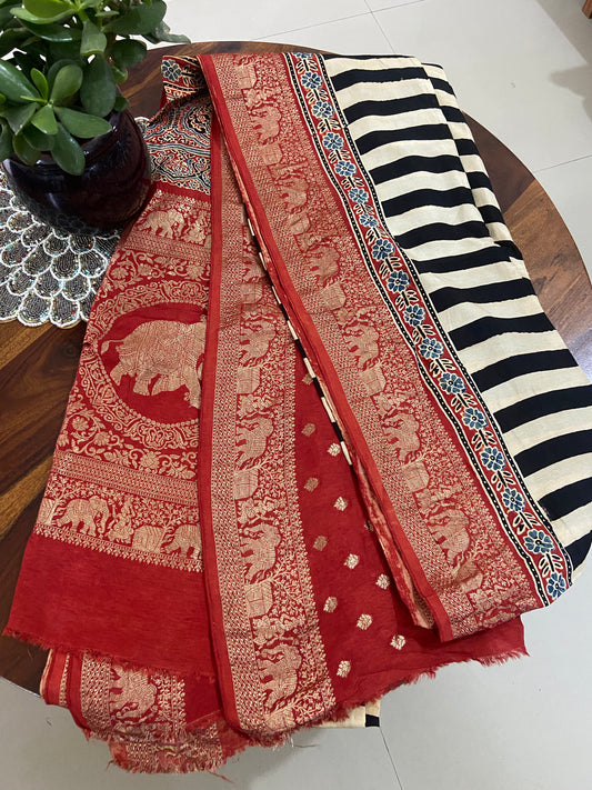Ajrakh Hand block printed Dola silk saree