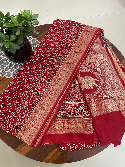 Ajrakh Handblock printed Dola silk saree