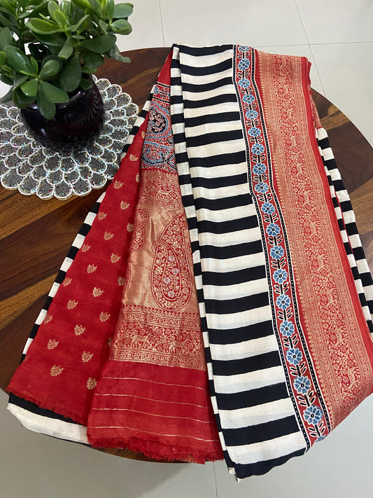 Ajrakh Handblock printed Dola silk saree