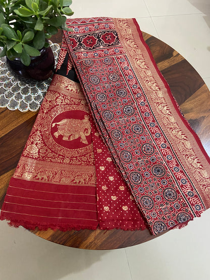 Ajrakh Dola Silk saree with brocade blouse