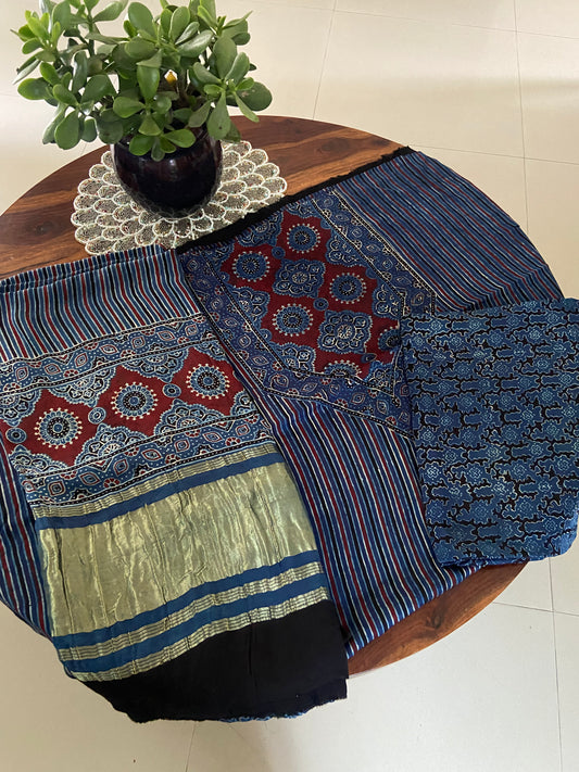 Ajrakh Modal silk Handblock print with lagdi patta dupatta