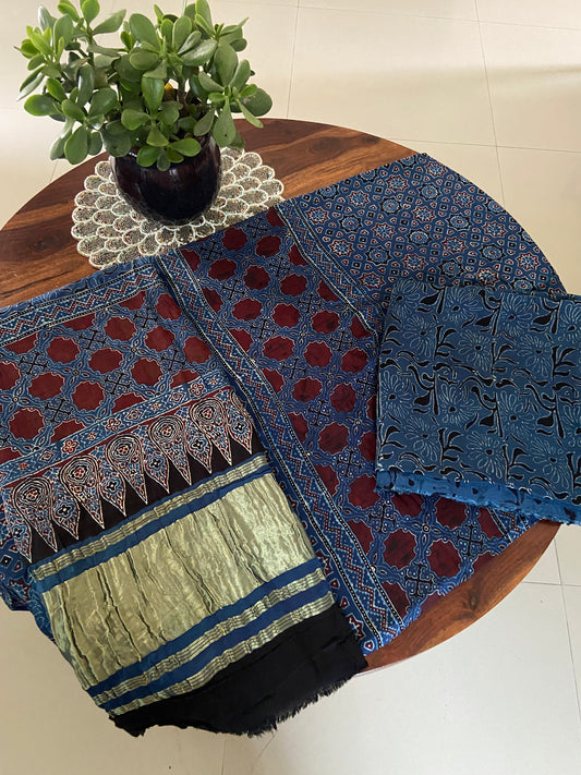 Ajrakh Modal silk Handblock print suit set with lagdi patta dupatta