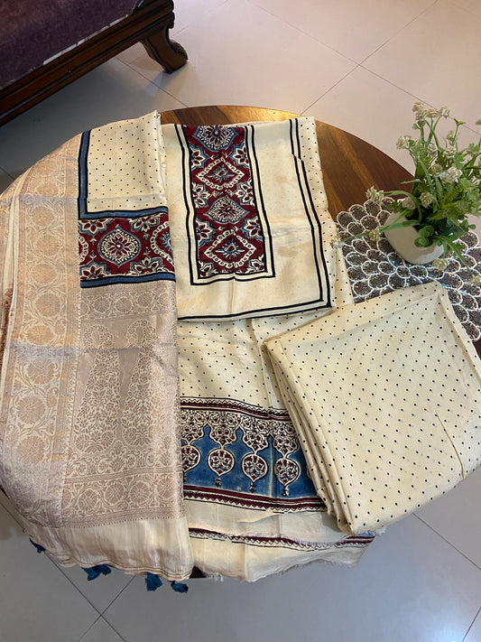 Ajrakh Dola Silk 3 piece unstitched suit/ salwar set