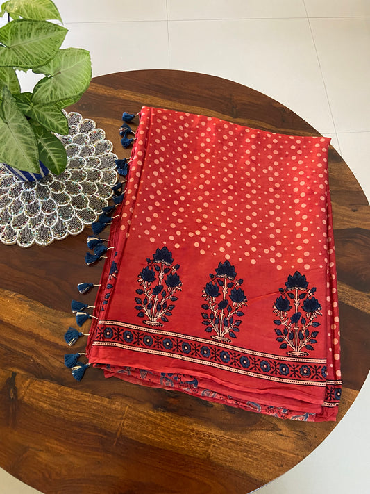 Ajrakh Modal Silk Handblock printed saree