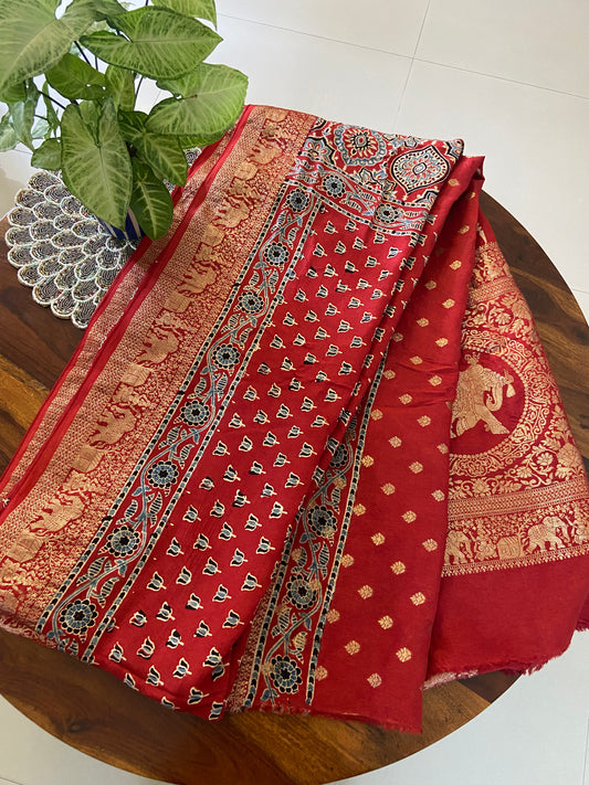 Ajrakh Dola Silk Handmade saree