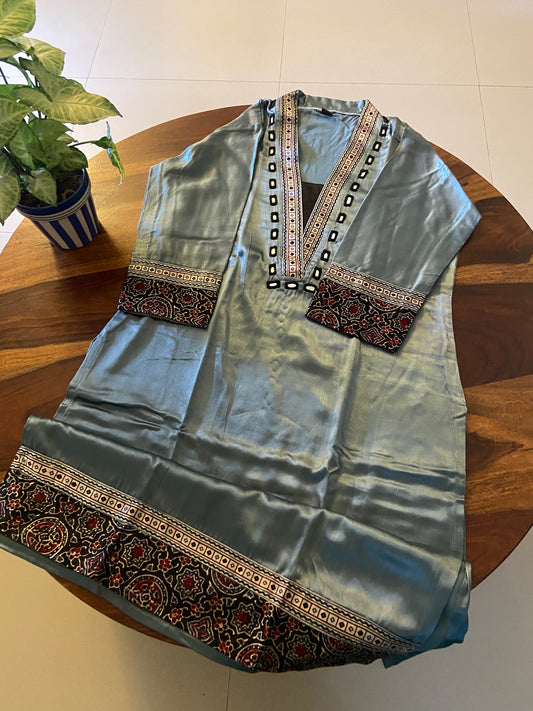 Mashru silk Kurti with mirror hand embroidery and patch work