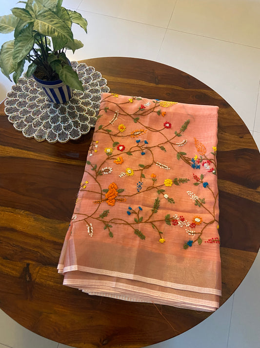 Hand Embroidery on linen tissue silk saree