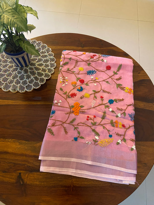 Hand Embroidery on Linen tissue silk saree