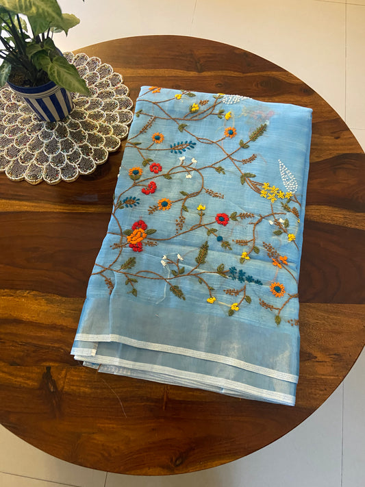 Hand Embroidery on linen tissue silk saree