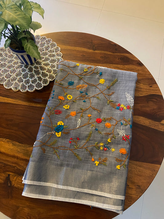 Hand Embroidery on Linen tissue silk