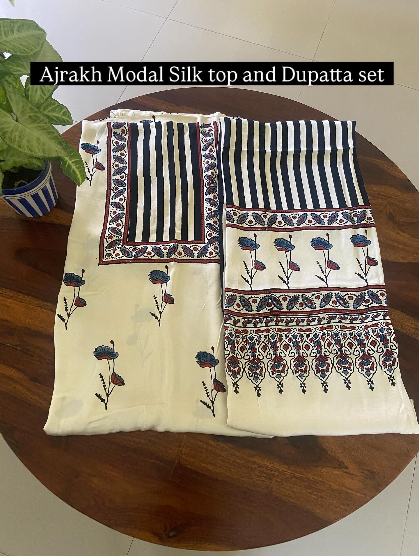 Ajrakh Modal silk 2 piece suit set top and dupatta