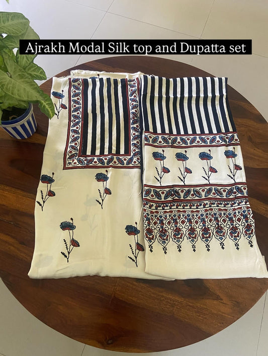 Ajrakh Modal silk 2 piece suit set top and dupatta