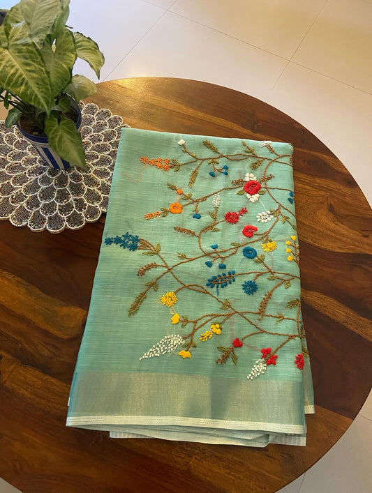 Hand Embroidery on Linen tissue silk saree
