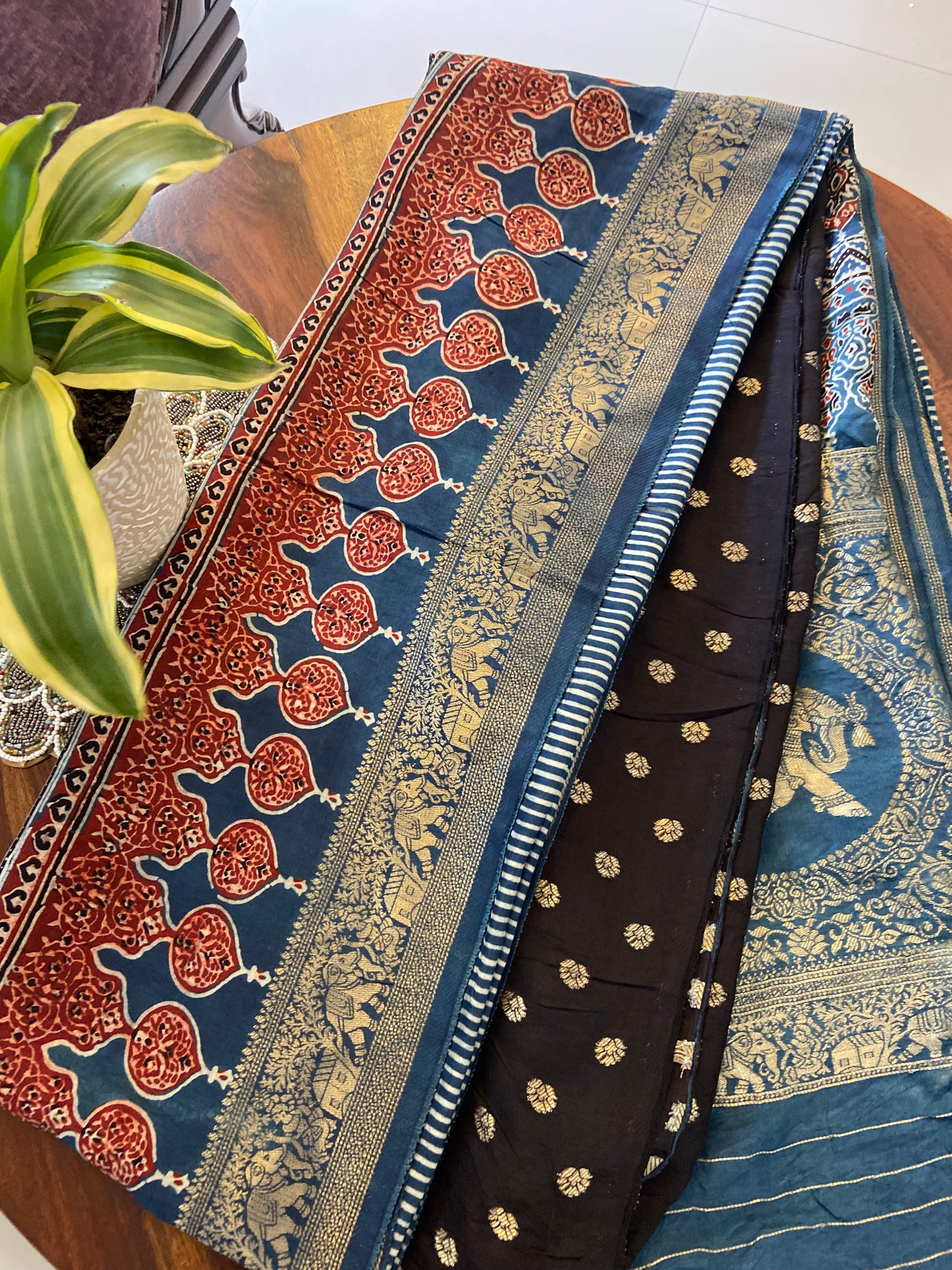 Ajrakh Dola silk saree -