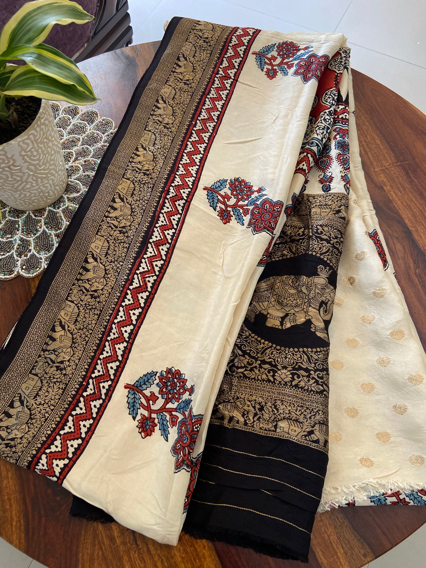 Ajrakh Dola silk saree - Natural dye