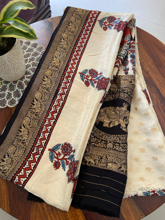 Ajrakh Dola silk saree - Natural dye