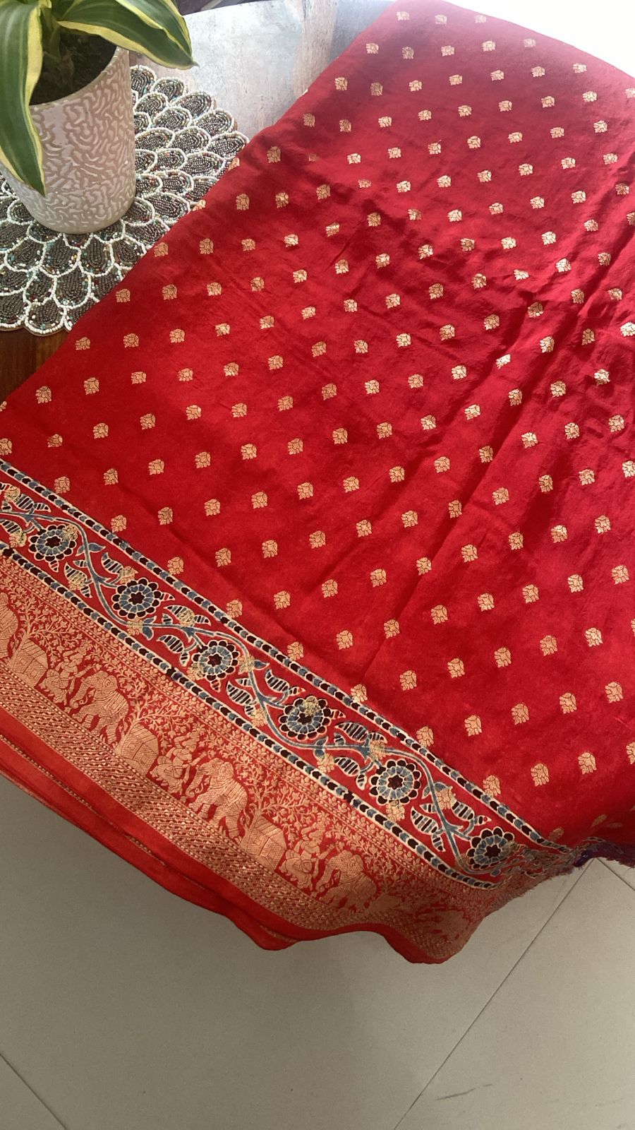Ajrakh Dola Silk Handmade saree