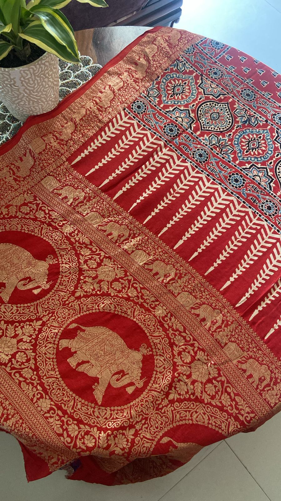 Ajrakh Dola Silk Handmade saree